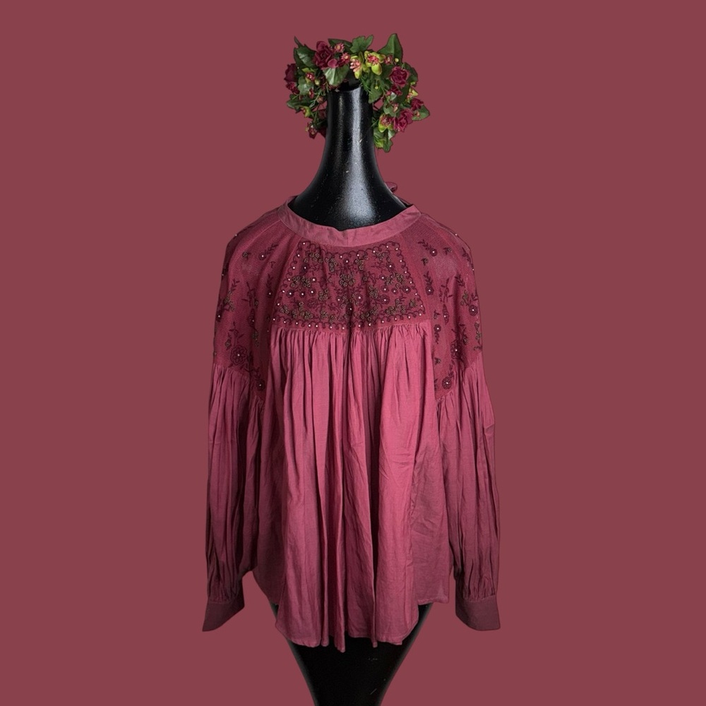 Free People Mesh Beaded Embroidered Balloon Sleeve
Tie Back Blouse. - Picture 5 of 16